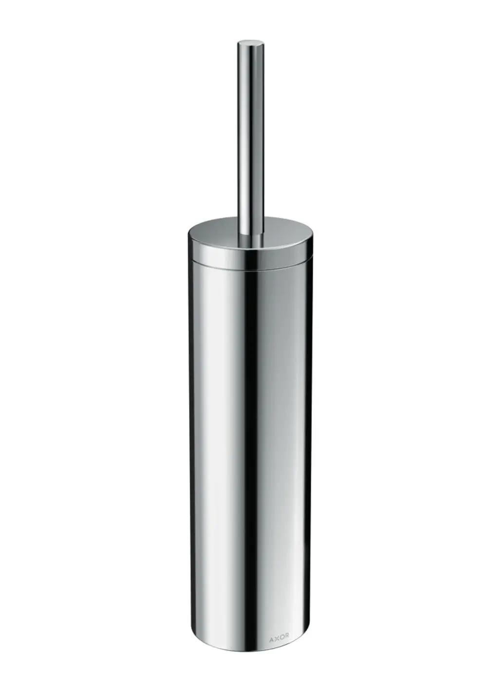 Runder Toilettenbürstenhalter aus Chrom von AXOR mit einem langen Griff, für die Wandmontage konzipiert, auf glattem Untergrund platziert.